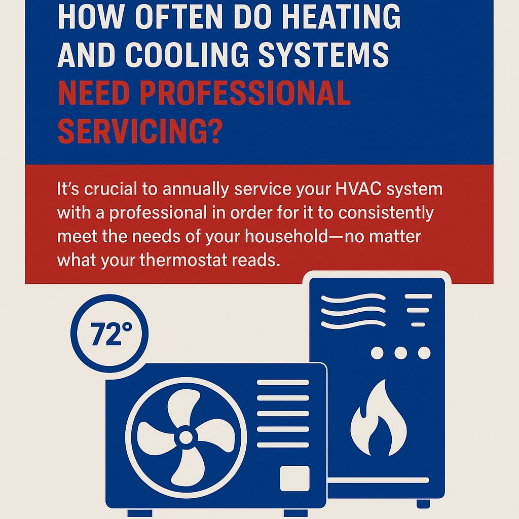 original infographic features bold text at the top reading “How Often Do Heating and Cooling Systems Need Professional Servicing?” in blue and red, followed by a red text box stating, “It’s crucial to annually service your HVAC system with a professional in order for it to consistently meet the needs of your household—no matter what your thermostat reads.” Below the text are simple blue and white icons depicting HVAC equipment: a fan unit with a “72°” symbol and a furnace emitting heat waves and a flame. The background is cream-colored, with a clean, minimal design using a palette of #18478F (blue), #BD322B (red), and white for strong visual contrast.<br />
